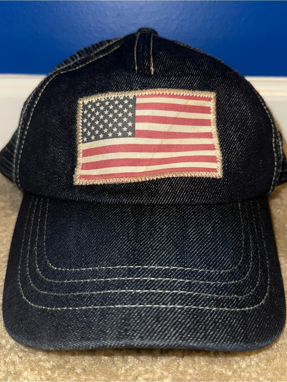Polo Ralph Lauren Denim Mesh Trucker Cap American Flag Patch Navy Blue
